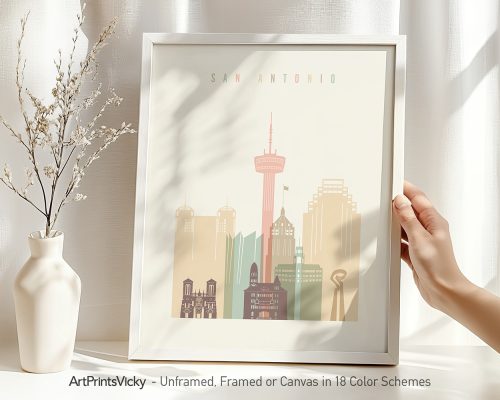 Art print of San Antonio skyline featuring notable buildings in a minimalist style.