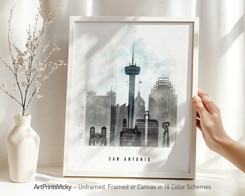 Art print of the San Antonio skyline featuring prominent buildings and the Tower Life Building.
