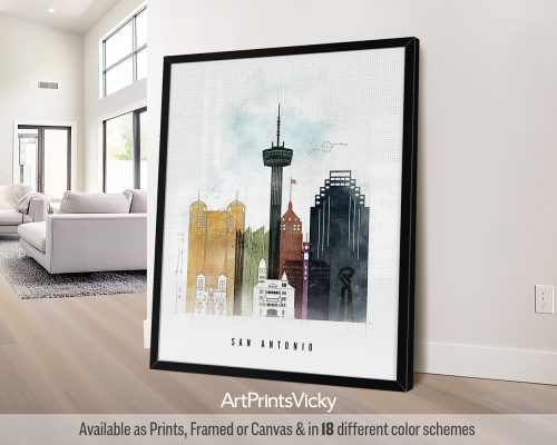 Art print featuring a stylized cityscape of San Antonio with notable buildings and a tower.
