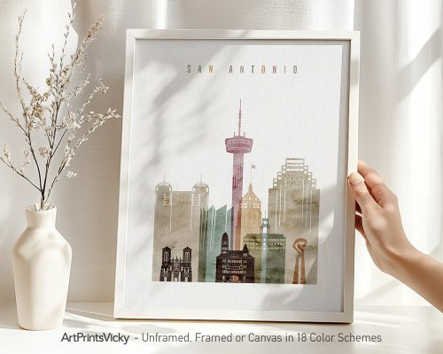 Art print featuring a stylized cityscape of San Antonio with notable buildings and structures.