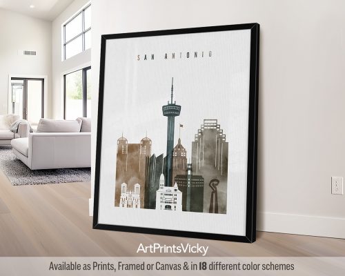 Art print featuring a cityscape of San Antonio with notable buildings and the Tower Life Building.