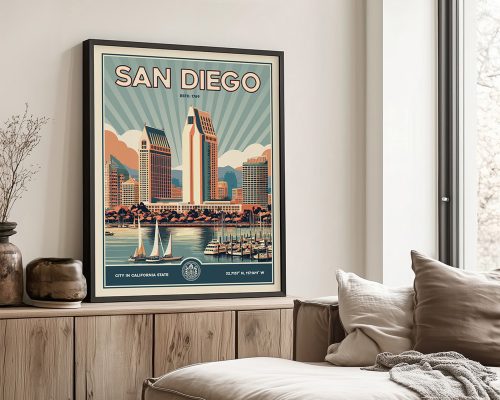 Retro-style poster of San Diego featuring buildings and sailboats in a coastal scene.