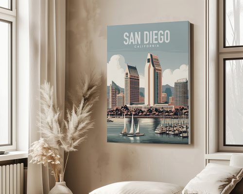 Illustration of San Diego skyline with sailboats in the foreground and palm trees.