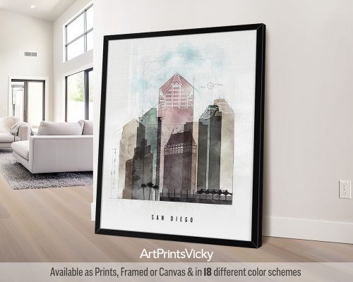 Art print featuring a watercolor depiction of San Diego's skyline with various buildings.