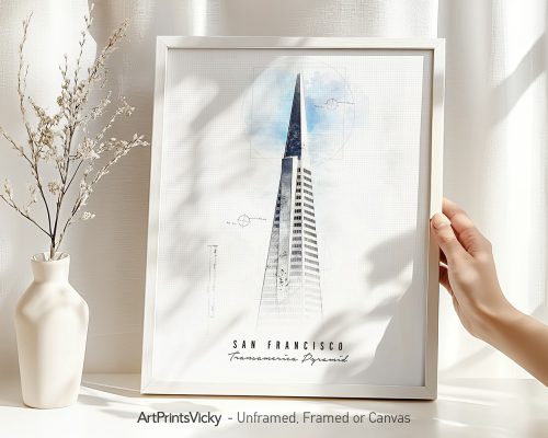 Framed artwork of the Transamerica Pyramid in San Francisco with a minimalist design.