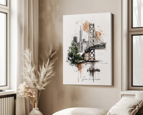 Artistic representation of the San Francisco Bay Bridge with city skyline in the background.