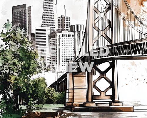 Illustration of the San Francisco skyline featuring the Bay Bridge and surrounding buildings.