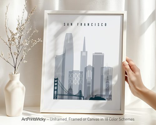 Stylized cityscape illustration of San Francisco with notable buildings and the Golden Gate Bridge.