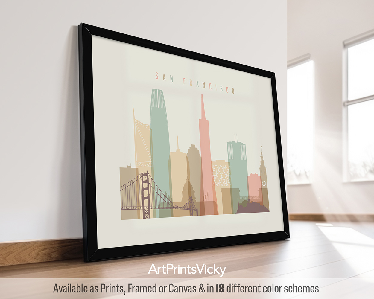 Art print featuring a stylized cityscape of San Francisco with notable buildings and the Golden Gate Bridge.