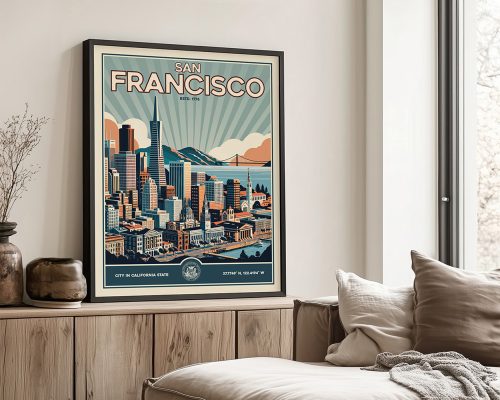 Retro art print of San Francisco featuring the skyline and Golden Gate Bridge.