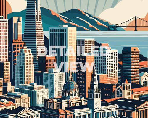 Illustration of the San Francisco city skyline featuring various buildings and the Golden Gate Bridge.