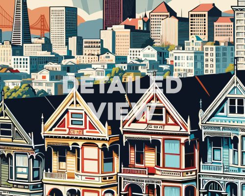 Illustration of colorful Victorian houses in San Francisco with a city skyline in the background.