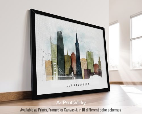 Framed artwork depicting a cityscape of San Francisco with notable buildings and the Golden Gate Bridge.