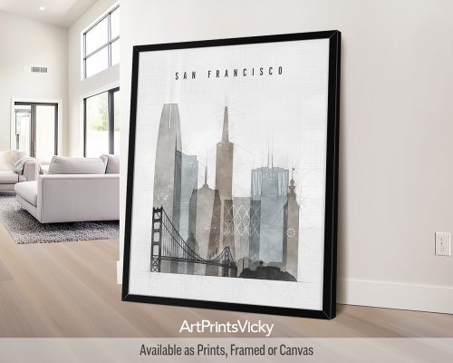 Framed art print of a San Francisco cityscape featuring the Golden Gate Bridge and skyline.