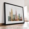 Framed art print featuring a stylized cityscape of San Francisco with notable landmarks.