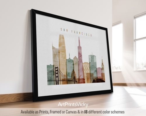 Framed art print featuring a stylized cityscape of San Francisco with notable landmarks.
