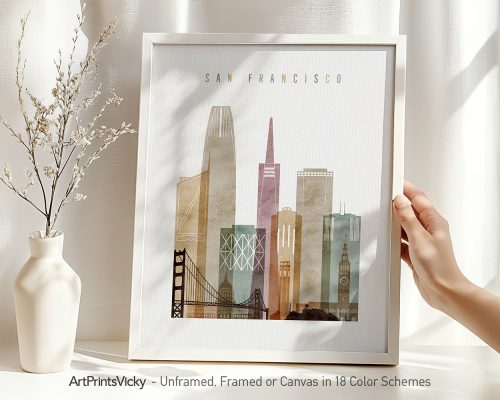Art print featuring a stylized cityscape of San Francisco with notable buildings and landmarks.