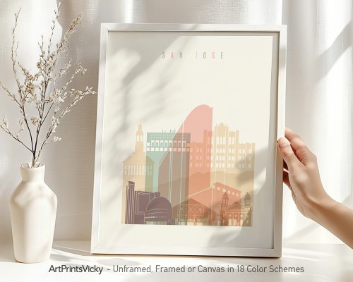 Art print featuring a stylized illustration of San Jose with various buildings and colors.