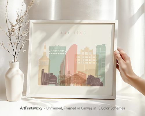 Art print featuring a stylized cityscape of San Jose with various buildings and structures.