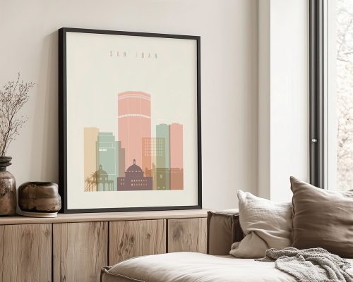 Art print of a stylized San Juan cityscape featuring buildings in pastel colors.