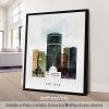 Art print featuring a stylized illustration of San Juan's skyline with buildings and a dome structure.