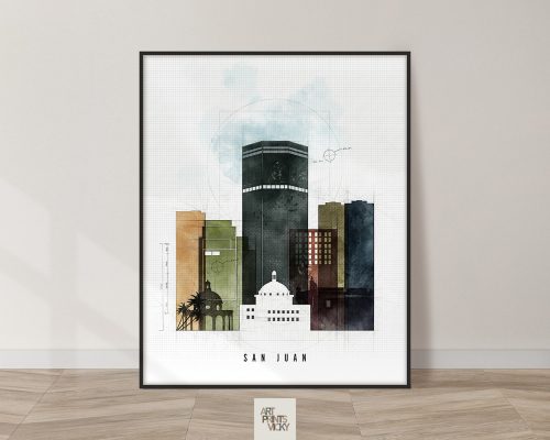 Art print of San Juan featuring stylized buildings in various colors and a grid background.