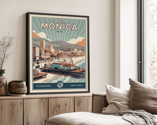 Retro art print featuring Santa Monica with a view of the pier and surrounding buildings.