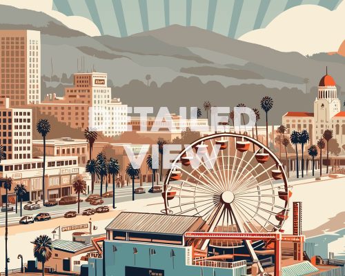 Retro illustration of Santa Monica featuring a Ferris wheel and palm trees along the beachfront.