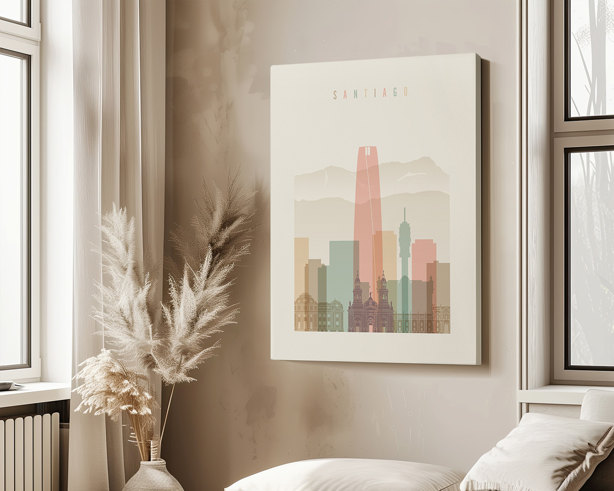 Art print featuring a stylized cityscape of Santiago with prominent buildings and mountains in the background.