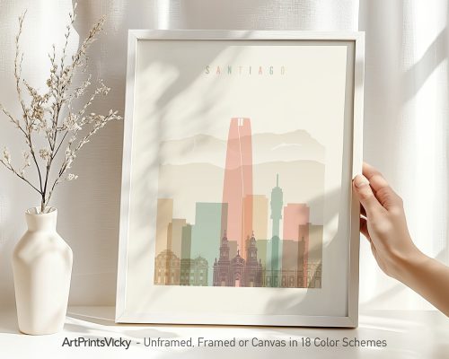 Art print of Santiago cityscape featuring buildings in various colors and a minimalist design.