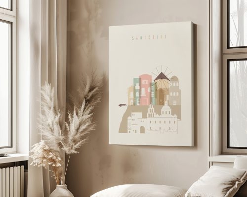 Art print of Santorini featuring colorful buildings and iconic architecture on a beige background.