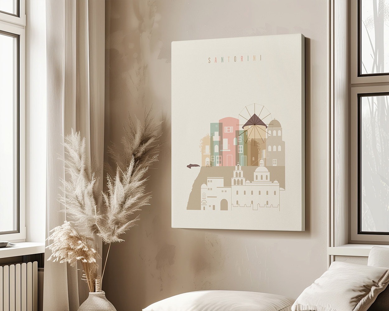 Art print of Santorini featuring colorful buildings and iconic architecture on a beige background.