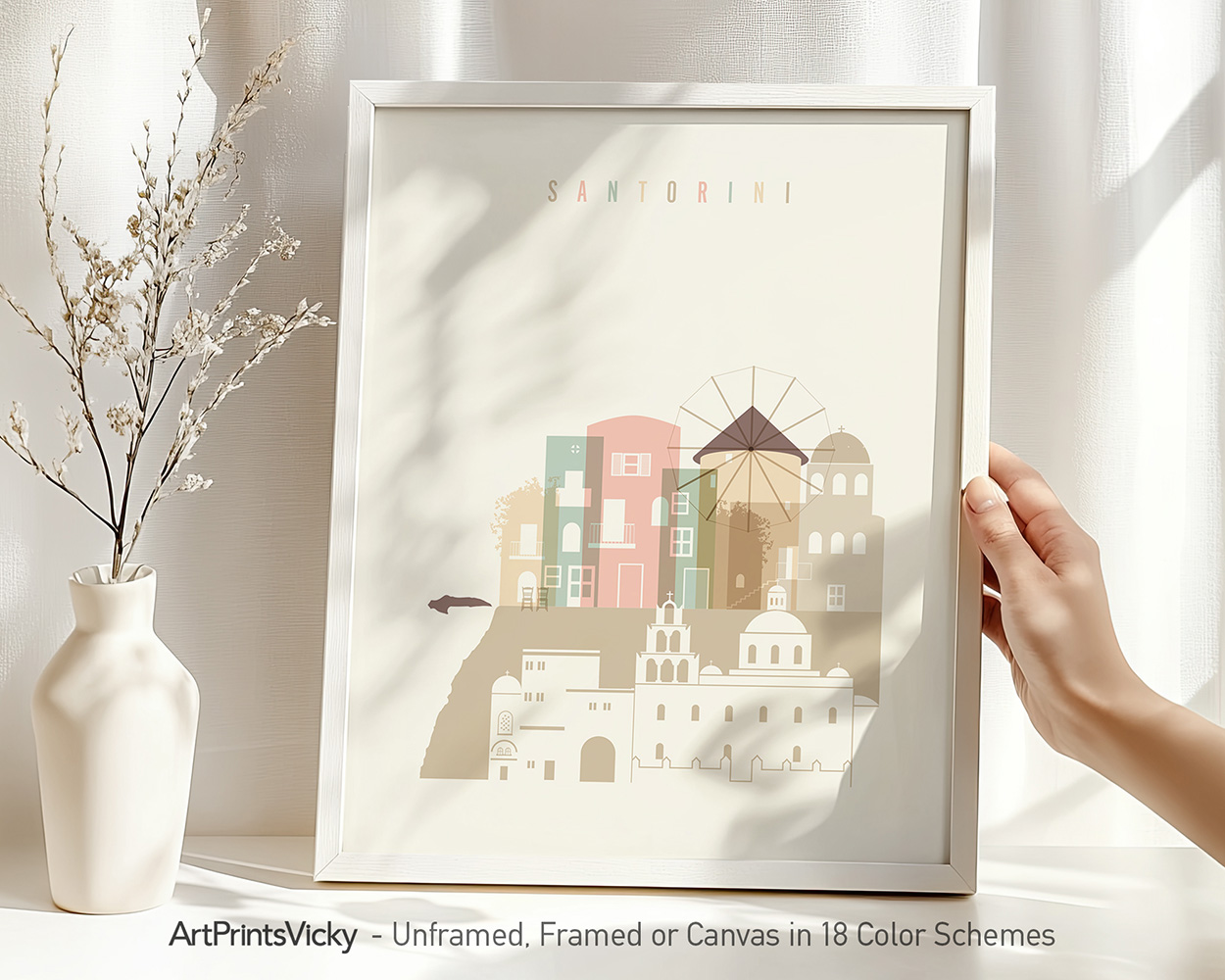 Art print of Santorini featuring buildings, a windmill, and a minimalist design.