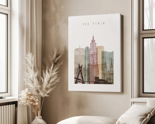 Art print featuring a stylized cityscape of Sao Paulo with various building silhouettes.