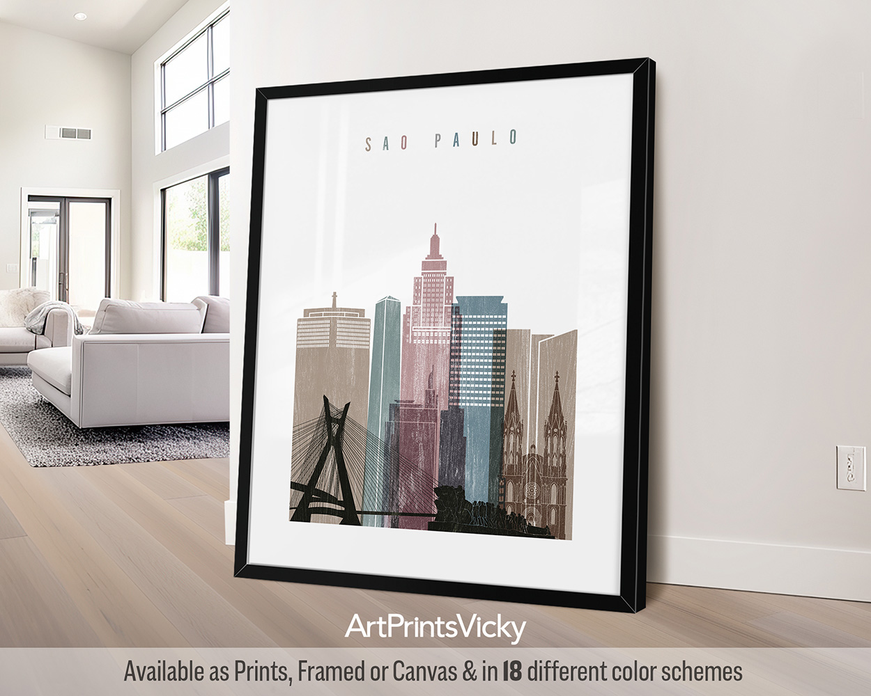 Framed print of a cityscape featuring buildings and landmarks of Sao Paulo.