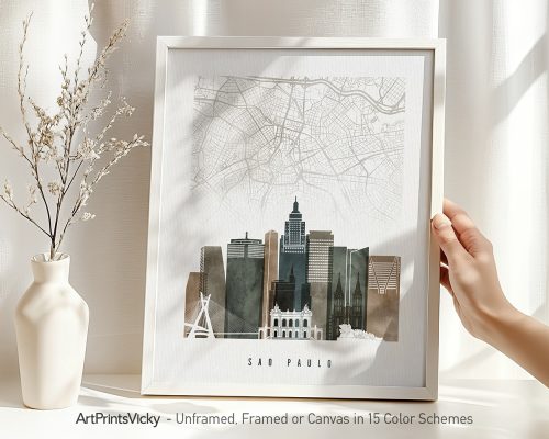 Art print of Sao Paulo city skyline with a detailed map background in neutral colors.