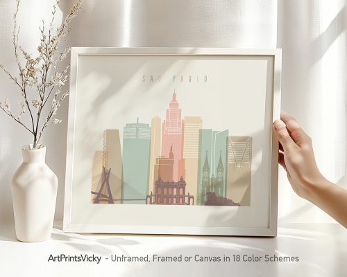 Framed cityscape print of Sao Paulo featuring iconic buildings in soft colors.