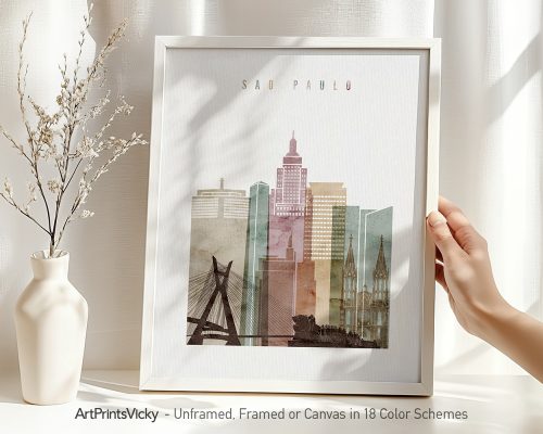 Framed artwork depicting a cityscape of Sao Paulo with notable buildings and structures.
