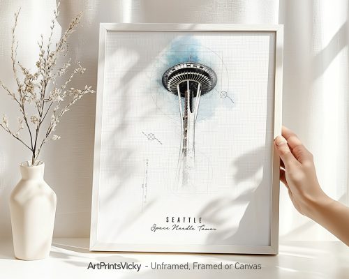 Art print of the Seattle Space Needle in a white frame with a light blue background.
