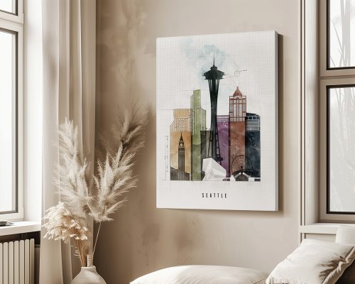Art print featuring a stylized cityscape of Seattle with notable buildings and the Space Needle.