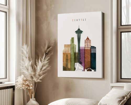 Art print featuring a stylized cityscape of Seattle with various buildings and the Space Needle.