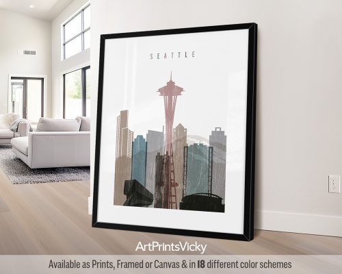 Art print featuring a stylized illustration of the Seattle skyline with the Space Needle.