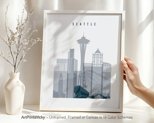 Framed art print of Seattle skyline featuring iconic buildings and landmarks.