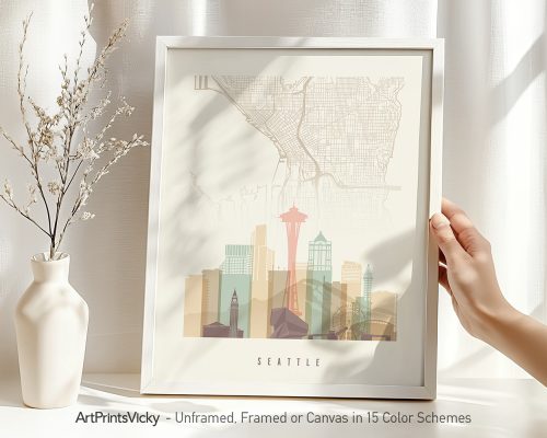 Framed map of Seattle featuring key landmarks and the Space Needle in a minimalist design.
