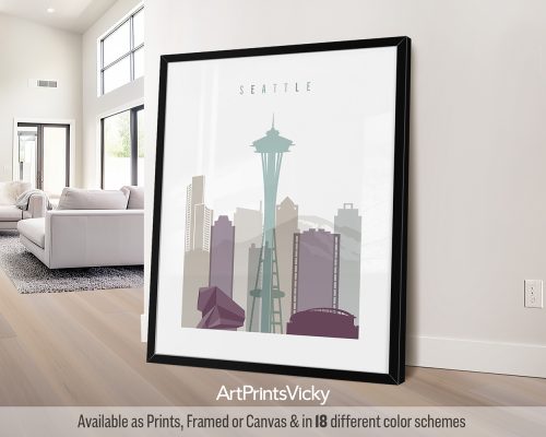 Framed print of Seattle featuring the Space Needle and city skyline in muted colors.