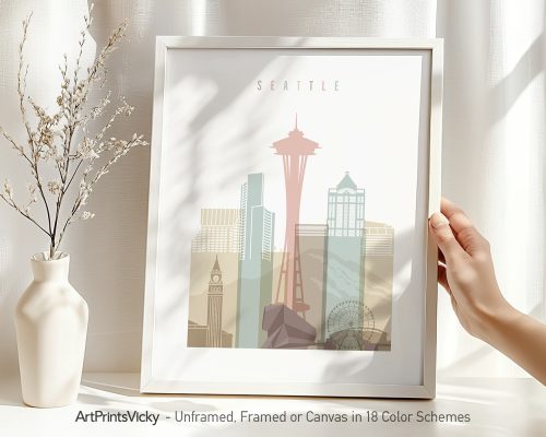 Art print featuring a stylized cityscape of Seattle with notable landmarks.