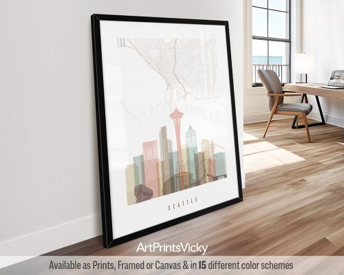 Art print of a stylized map of Seattle featuring notable landmarks and the Space Needle.