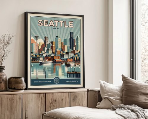 Framed retro art print of Seattle featuring the skyline and Space Needle.