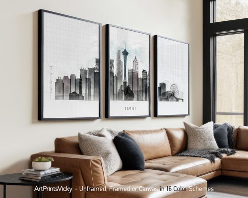 Three framed art prints depicting a Seattle cityscape with the Space Needle and skyline.