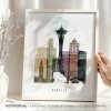 Art print featuring a stylized cityscape of Seattle with notable buildings and the Space Needle.